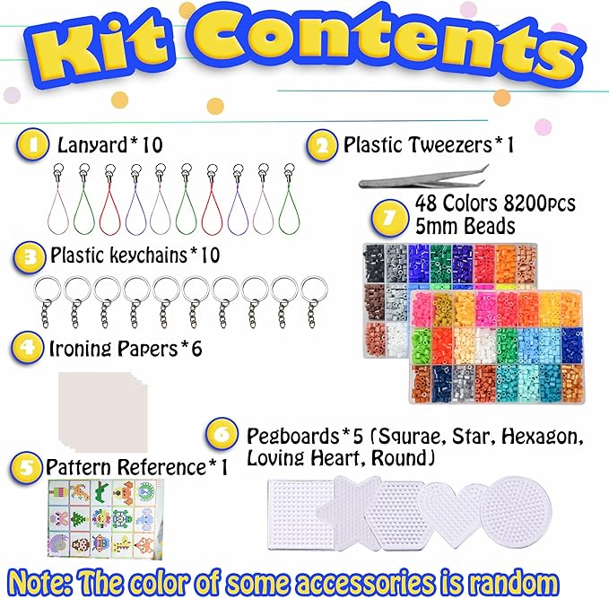 yowamho fuse beads kit - 48 color iron beads set, 8233 pcs 5mm beads, art crafts set for kids ages 4-8, girls boys age 3 4 5 6 7 8 9 10 years old present