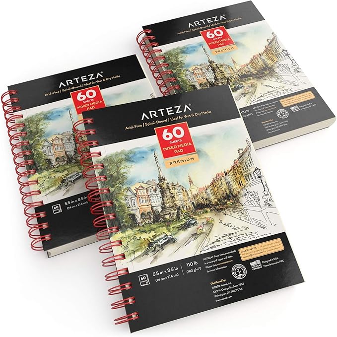 ARTEZA Mixed Media Sketchbook, 5.5 x 8.5 Inches, Pack of 3, 60 Sheets Each, Micro-Perforated Spiral-Bound Paper Pad for Wet and Dry Media