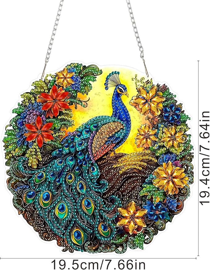 SENQAO Peacock Diamond Art Hanging Kit for Adult, Special Shaped Rhinestone, DIY Acrylic 5D Diamond Art Painting Window Pendants Home Garden Wall Hanging Kits Hanging Ornament