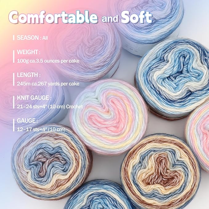 Katech Ombré Yarn for Crocheting-Gradient Cake Yarn-4x100g 60% Cotton 30% Acrylic 10% Wool-Ombré Multicolor Soft Rainbow Cotton Crochet Yarn for Scarves, Shawls, Blankets and Garments(G)