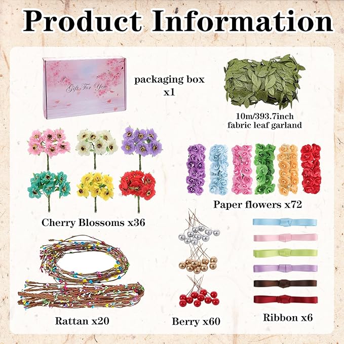 DIY Flower Crowns Making Kit, 195 Pcs Make Your Own Fairy Floral Headband Making Kit, Handmade Creativity Flower Hair Accessories Craft Set for Women Birthday Party Arts Creative Gifts Decor