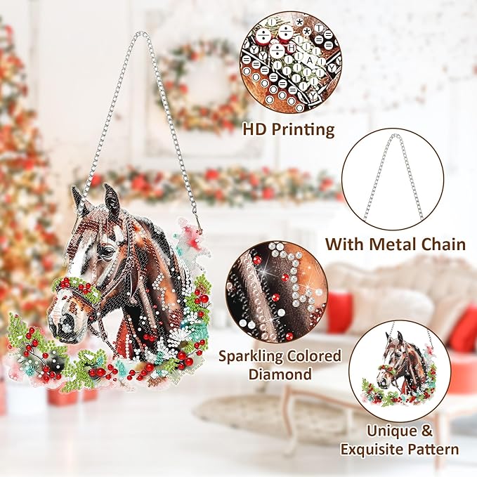SENQAO Christmas Diamond Art Hanging Kits for Adults, Christmas Horse Diamond Art Suncatchers, 5D Special Shape Diamond Painting Pendant Window Ornament Gifts for Home Door Wall Decor