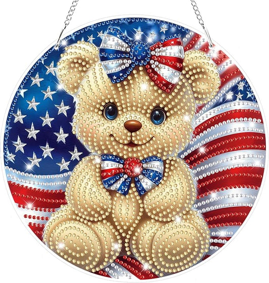 Bowetile Independence Day Bear 5D Diamond Art Hanging Kits for Adults, 4th of July Diamond Painting USA Window Pendant Kits, Special Shape Gem Art Suncatcher Ornament for Home Garden Wall Decor