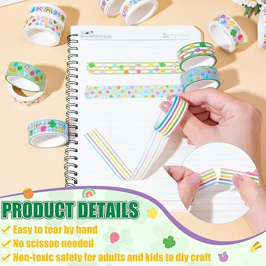 Lucky Pattern Washi Tape - 12 Rolls Lucky Marshmallow Shamrock Rainbow Pot of Gold Horseshoe Scrapbook Washi Decorative Tape Set School Office Scrapbooking Junk Journal Supplies DIY Craft