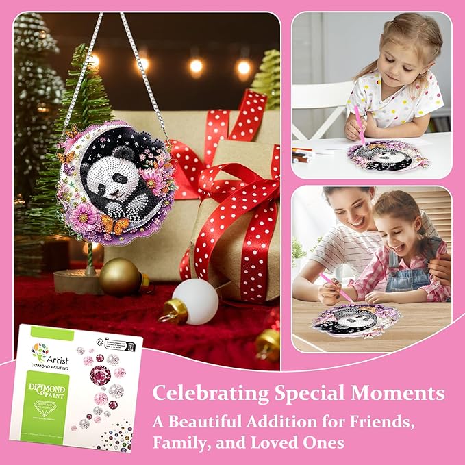 Lxmsja DIY Cute Panda Diamond Painting Hanging Ornament, Double-Sided Acrylic Dreamy Moon Diamond Art Kit, Special Shaped Suncatcher Hanging Pendant Window Art Kit