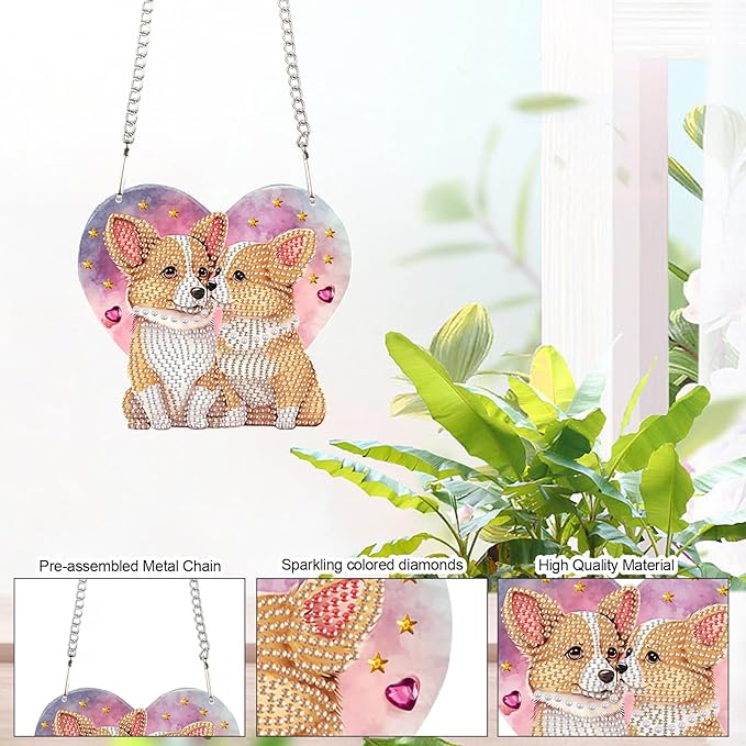 AiYuanzsh DIY Acrylic Diamond Painting Hanging Kits, Love Dogs Special Shape Diamond Rhinestone Round Diamond Art, Window Decorations Home Garden Wall Hangings Valentine's Day Gifts