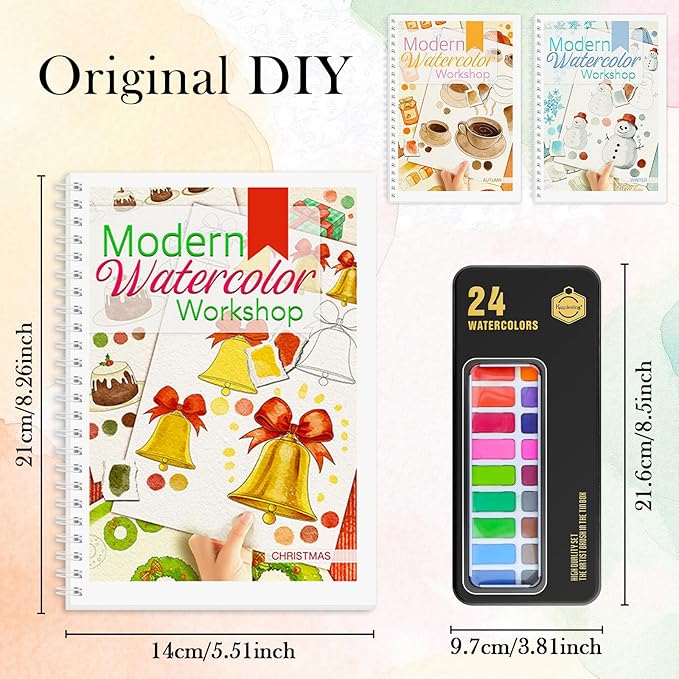 3Pcs Watercolor Workbook Paint Book Beginner Friendly Painting Kit, 36 Pages Workbooks with 24 Paint Colors & Brush for Beginners, Stress-Relieving Gift for Women Adults (Winter&Autumn&Christmas)