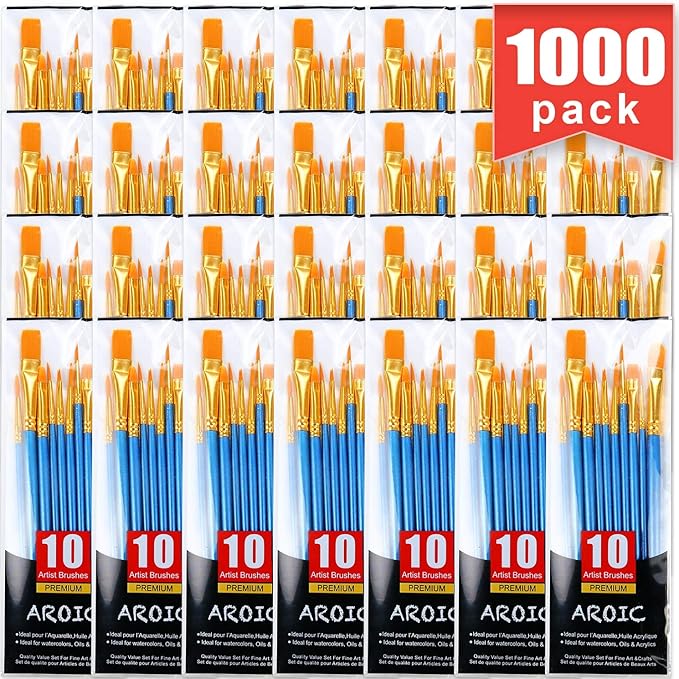 Acrylic Paint Brush Set, 100 Packs / 1000 pcs Nylon Hair Brushes for All Purpose Oil Watercolor Painting Artist Professional Kits