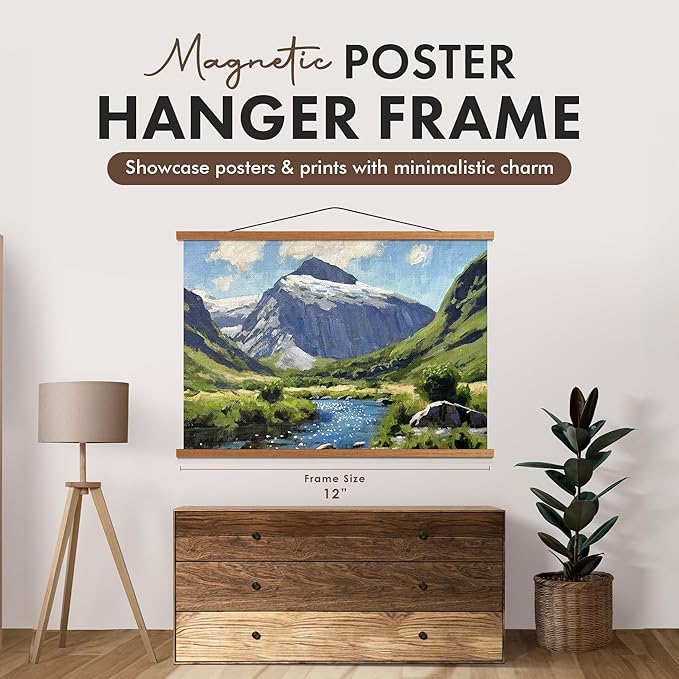 Travelization Magnetic Poster Hanger 12” Poster Frame with Strong Magnets, Complete Hanging Kit for Posters, Art, Maps, and More, Fits 12x12, 12x18, 12x24, and 12x36, Teak Wood
