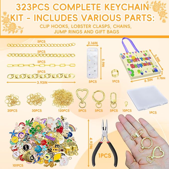 VvLons Lip Gloss Keychain Making Kit, 323Pcs Bag Charm Kit DIY Craft Supplies with Key Chain Hooks, Jump Rings, Lobster Clasps, Chains & Tools, Custom Jewelry Making Kit for Mothers Day Gifts