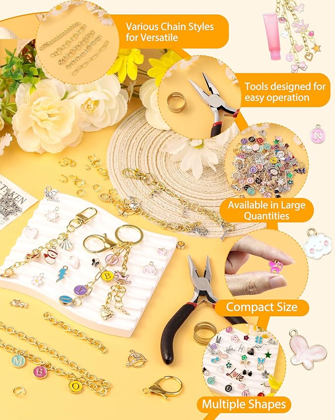 FIVEIZERO 359Pcs Charms Lip Gloss Keychain Making Kit, Charm Making Kit, Bag Charm Kit, Keychain Clips, Lobster Clasps, Jump Rings, Extender Chain & Tools, Keychain Charms for DIY and Jewelry Making