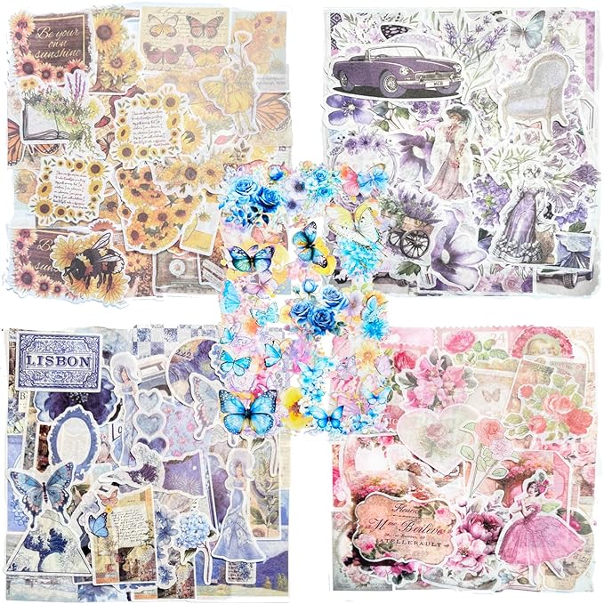 Lora Rossie Vintage Aesthetic Scrapbook Kit, 450 Pcs Pre-Cut Flowers Butterflies Decorative Floral Planner Stickers for Scrapbooking Bullet Junk Journals Planner Stationery Crafts