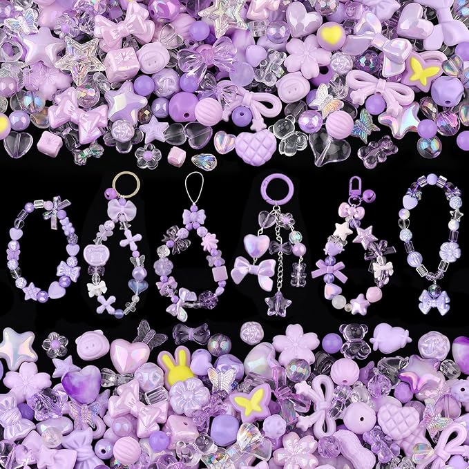 200-260PCS TINKRSTUFF Assorted Acrylic Beads Purple Cute Beads for Bracelet Making, Bow Aesthetic Star Flower Butterfly GummyBear Kawaii Charms for Jewelry Necklace Making DIY Keychain Phone Charm
