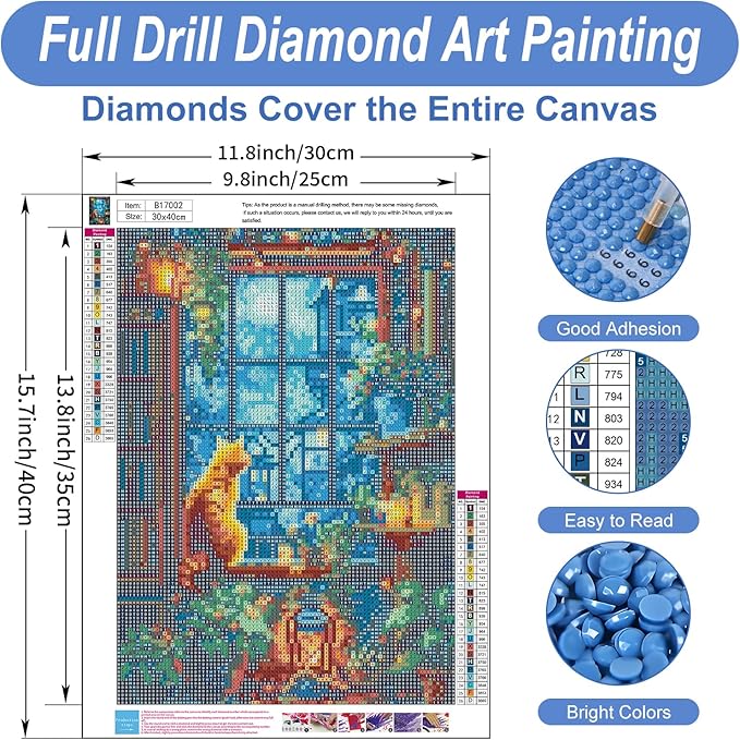Camocin Diamond Art Kits for Adults Cat, 5D Window Landscape Diamond Painting Kits for Adults Beginners, DIY Potted Plant Full Round Dots Drill Gem Art Kit for Gift Home Wall Decor 12 x 16 Inch