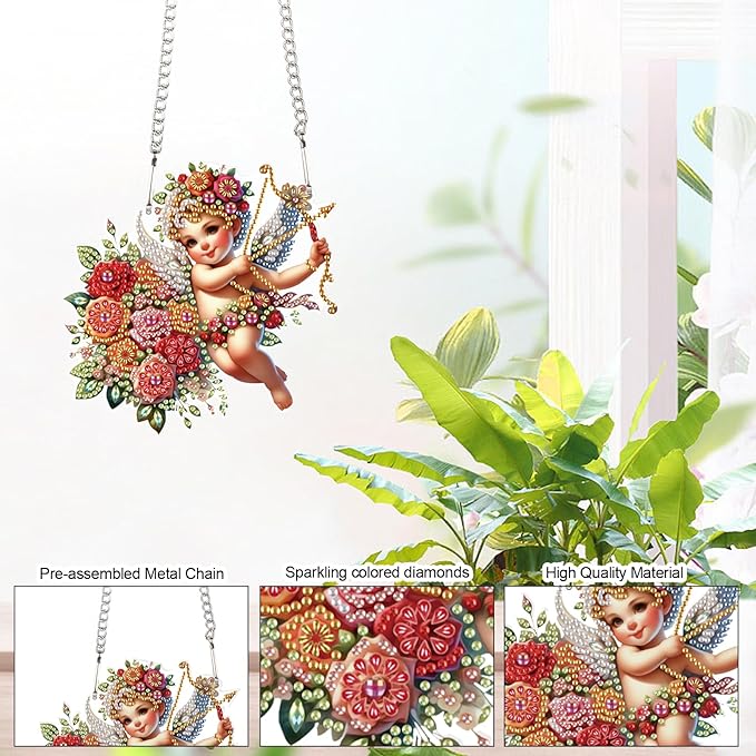 AiYuanzsh DIY 5D Diamond Art Painting Pendant Kit Flower Cupid Special Shape Rhinestone Diamond Art Crafts Wall Hanging Art Door Window Home Decoration Pendant Ornament Valentine's Day Gift