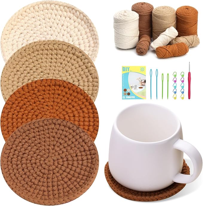 UzecPk Crochet Kit for Beginners, Crochet Kit, 4 Pcs Crochet Coasters Kits with Crochet Yarn, Crochet Hook, Step-by-Step Instructions Video, Crochet Supplies Set Craft Kits for Adults