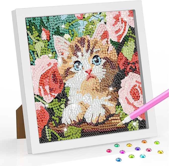 SENQAO Cat Diamond Art Kit for Adults with Frame Art and Crafts for Adults Ages 4-6-8-12 Easy to DIY Diamond Art for Adults and Adult Beginners Home Wall Decoration 7.1x7.1inch (Cat and Flower)