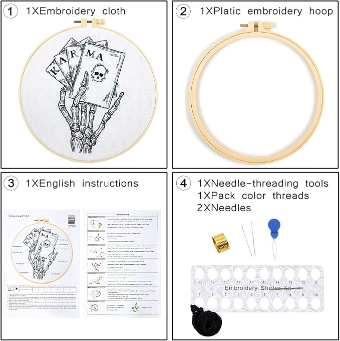 Gothic Tarot Embroidery Kits for Beginners Adults, Halloween Hand Bone Embroidery Starter Kits, Skull Cross Stitch Kits for Beginner Adults Hobbies for Women, Embroidery Fabric, Hoops & Video Tutorial