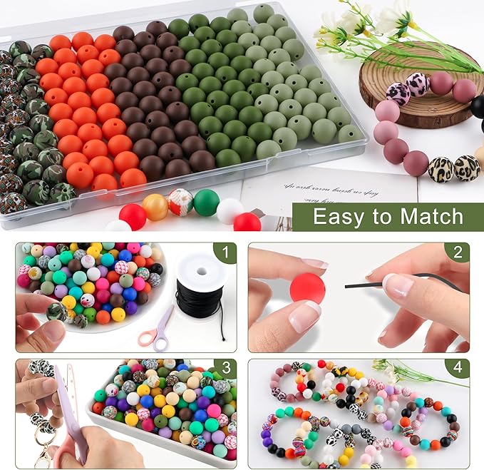 150Pcs Mixed Color 15mm Silicone Beads for Keychain Making, Orange Bean Green Print Silicone Beads for Pens and Bracelet Jewelry Making