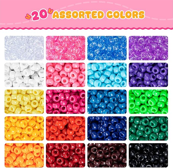 Simetufy 7200Pcs Pony Beads Bulk, 20 Assorted Colors 6x9MM Kandi Beads Kit for Bracelet Making Hair Braiding Jewelry Key Chains DIY Crafts Christmas Gifts (Stack Box)