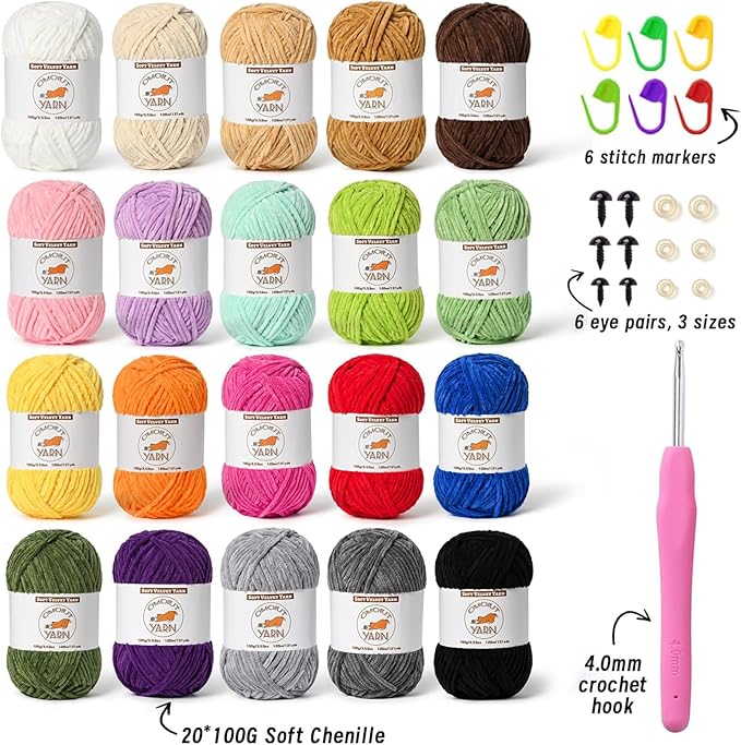 20 Skeins Fluffy Chenille Yarn for Crocheting, Soft Bulky Velvet Yarn for Knitting, Plush Baby Blanket Crochet Yarn, 2620 Yards Multicolor Amigurumi Yarns for Crafts Set B