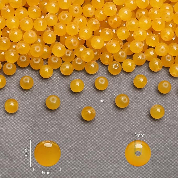 300PCs 6mm Yellow Jade Glass Beads Bulk, Round Smooth Hole Glass Crystal Beads for Jewelry Making, DIY Bracelets, Necklaces, Bag Charms, Keychains and Craft Projects
