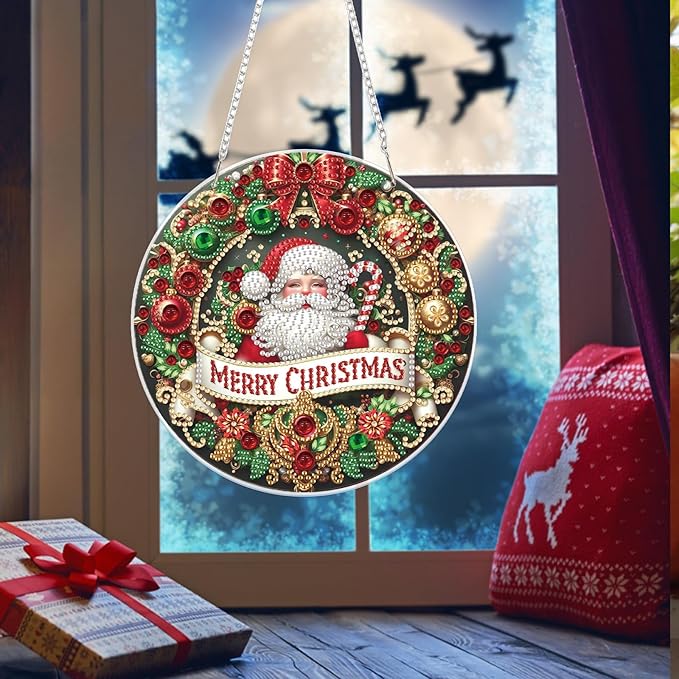 Bowetile Christmas Diamond Art Hanging Kits for Adults, Diamond Art Suncatchers Santa Claus, 5D Special Shape Diamond Painting Pendant Window Ornament Christmas Gifts for Home Door Wall Decor