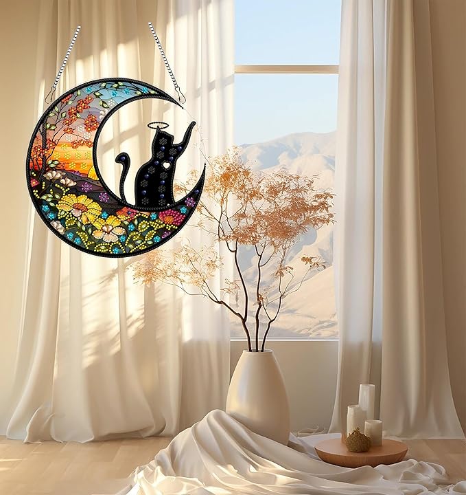 hyzsj DIY Hanging Diamond Art Pendant Painting Kit Moon,Acrylic 5D Painting Window Pendants Cat, Special Crystal Gem Craft Painting Kit Ornament 9.4x9.4inch
