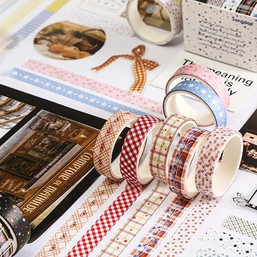 60 Rolls Cute Washi Tape Pack Basic Mini Adhesive Tapes Stars, Plaids, Florals, Grids & Dots Patterns Decorative Masking Tape Sets for Craft, Kids, Scrapbook, DIY, Gift Wrapping (Basic)