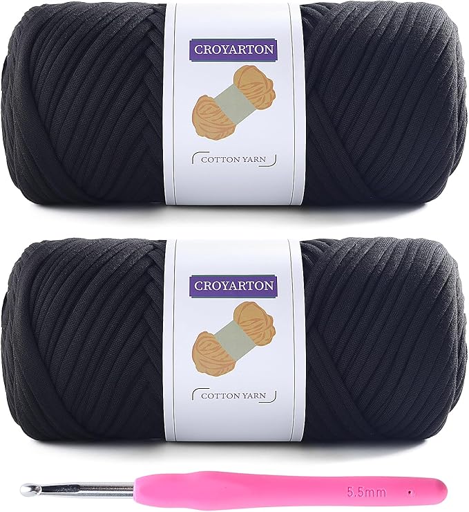 2 Pack T Shirt Yarn for Crocheting with 1 Crochet Hook, Elastic Tshirt Yarn for Crochet Bag/Baskets/Home Decor, Spaghetti Yarn Thick Knitting Yarn Total Length 130 Yds, Weight 14 Oz (Black)