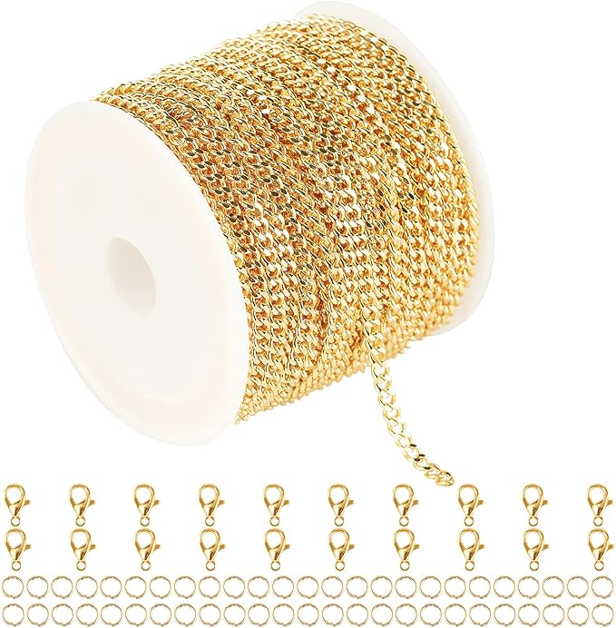 32.8 Feet Curb Cuban Chain for Jewelry Making, 18K Gold Plated Brass Chain Roll with Open Jump Rings and Lobster Clasps Necklace Bracelet DIY Jewelry Chains Bulk