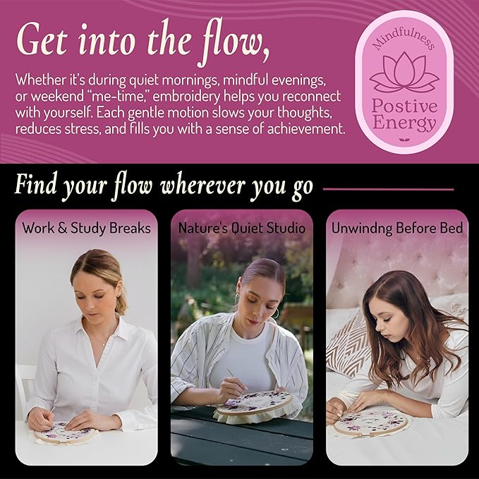 Unwynd Embroidery Kit Floral Theme for Beginners, Satin Stitch Hand Embroidery Kit for Adults, Easy DIY Crafts, Starter Set with Flower Pattern (Floral)