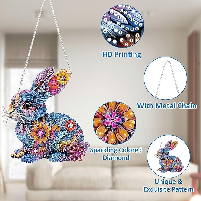 SENQAO Rabbit Diamond Art Hanging Kit for Adult, Special Shaped Rhinestone, DIY Acrylic 5D Diamond Art Painting Window Pendants Home Garden Wall Hanging Kits Hanging Ornament（Easter Rabbit）