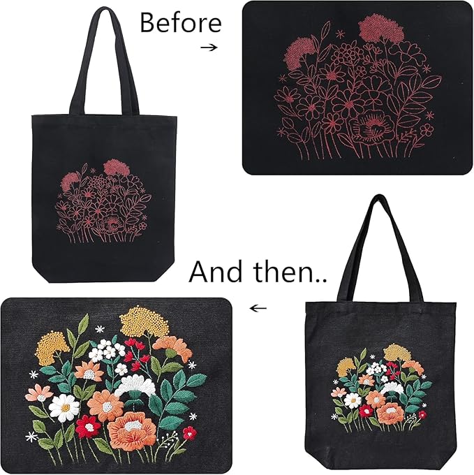 Canvas Tote Bag Embroidery Kit with Pattern for Beginners, Arts and DIY Embroidery Crafts Kits for Adults, Instructions, thimble, Embroidery Hoops, Color Threads (black, CR002 huaguangpianran)