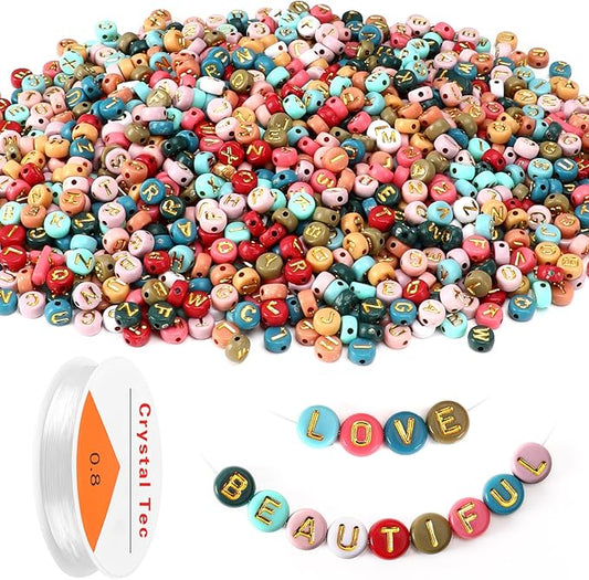 Colored Letter Beads, DECYOOL 1900Pcs 4×7mm Colorful Gold Acrylic Alphabet Beads with 1 Roll Elastic String for Bracelet Necklace Jewelry Making Supplies