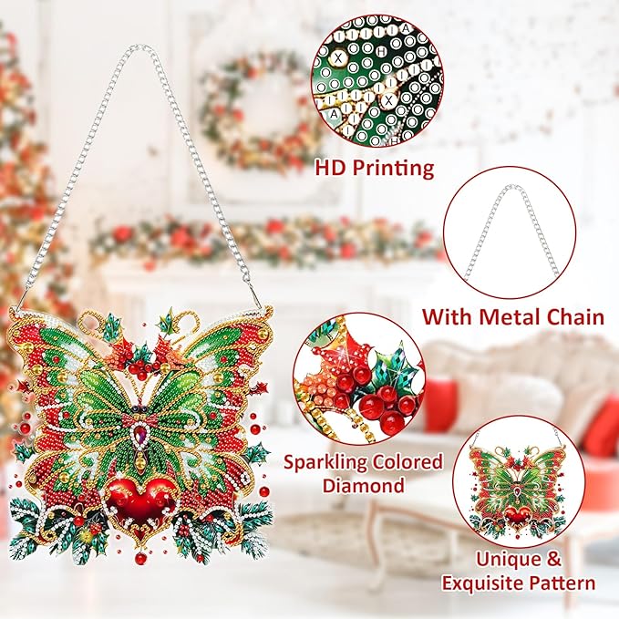 SENQAO Christmas Diamond Art Hanging Kits for Adults, Butterfly Diamond Art Suncatchers, 5D Special Shape Diamond Painting Pendant Window Ornament Gifts for Home Door Wall Decor