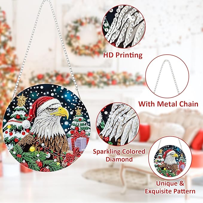 SENQAO Christmas Diamond Art Hanging Kits for Adults Kids, Eagle Diamond Art Suncatchers, 5D Special Shape Diamond Painting Pendant Window Ornament Gifts for Home Door Wall Decor