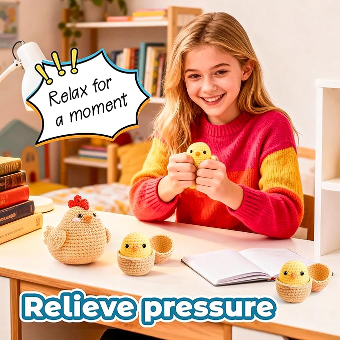 Joyclub 4 Pcs Crochet Kit for Beginners Crochet Starter Kits for Adults and Kids Great Easter Gifts for Crocheting Lovers with Step by Step Video Amigurumi Chicken Family Knitting Kit DIY Craft
