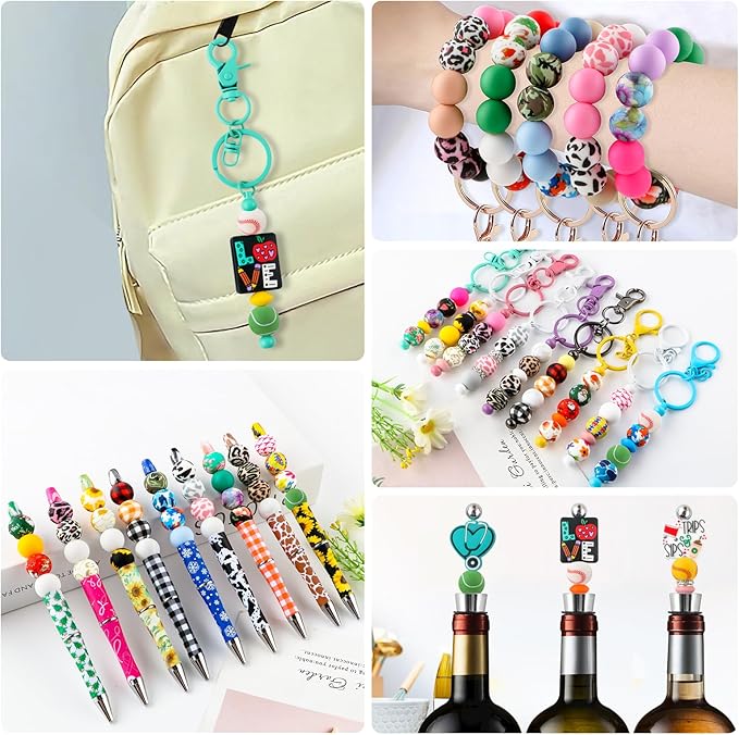 70Pcs Print Silicone Beads for Keychain Making,Round 15mm Silicone Beads for Pens, Necklace and Bracelets Making（Ball Print）