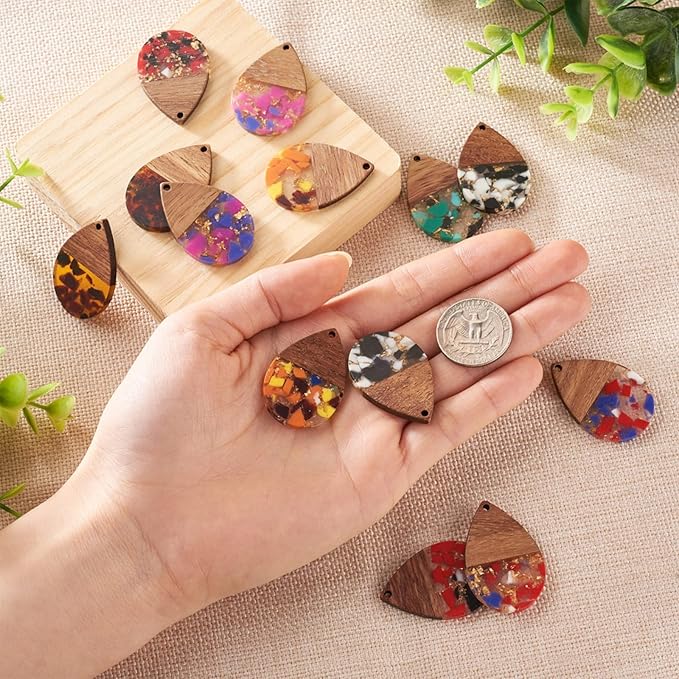 Beadthoven 16pcs/8 Pairs Resin Wood Teardrop Charms Earrings Pendants Mixed Colors Water Drop Shape Gold Foil Chips Wooden Pieces Pendants for Statement Jewelry Making Findings