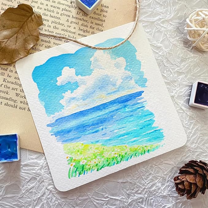 Mini Portable 6-Color Solid Watercolor Paint Set for Adults & Artists, High Tinting Strength Travel Art Kit for Beginners and Professionals, Half Pans (Each Capacity Approx 1.5ml).Blue Sea