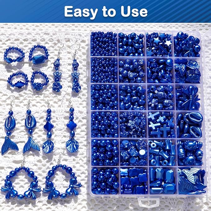 1170 Pcs ABS Imitation Pearl Beads for Jewelry Making, Assorted Heart Star Bowknot Circle Flower Aesthetic Cute Bead for Bracelet Necklaces Earrings Key Chains DIY Phone Charm Crafts (Blue)