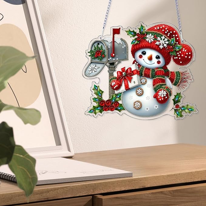 VODAPYC Christmas Diamond Art Hanging Kits for Adults, DIY Special Shaped Diamonds Painting Window Pendant Ornament for Home Decor (Snowman-3)