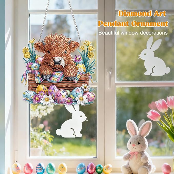 RICUVED Easter Diamond Art Hanging Kit for Adult, Cow Special Shaped Diamond Painting Pendant Board Kit, Eggs 5D Art Suncatchers Double Sided Hanging Window Ornament for Home Garden Decor