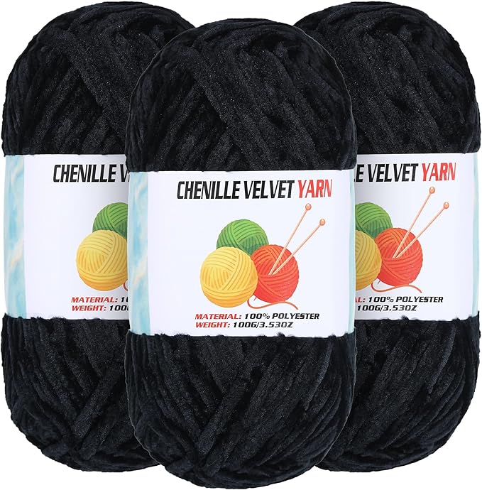 3 * 100g Velvet Chenille Chunky Yarn for Crocheting, Handcrafts Weaving Soft Chenille Yarn for Crocheting Clearance, Used for Making Baby Yarns Blanket, Clothes, Knitting Creations (Black)