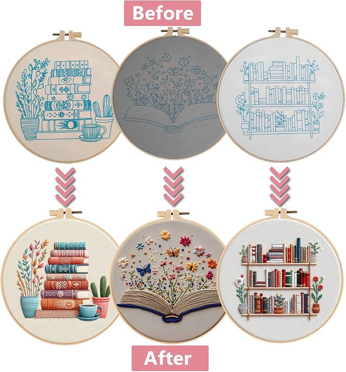 Embroidery Kit for Adults, Pre-Stamped Pattern Embroidery Kit for Beginners, DIY Hand Needlepoint Starter Kit with Hoop Thread Needle Instruction, 7.87'' Hoop (Book Lover 3 Packs)