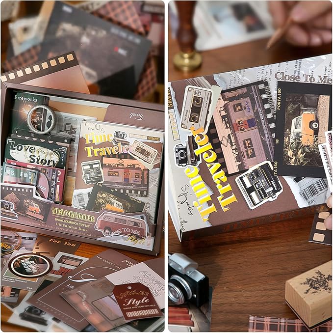 scrapbook supplies kit, vintage junk journaling supplies, scrapbooking kit with aesthetic ephemera stickers, stationary set, bullet journaling kit, collage craft supplies gift for adults women starter