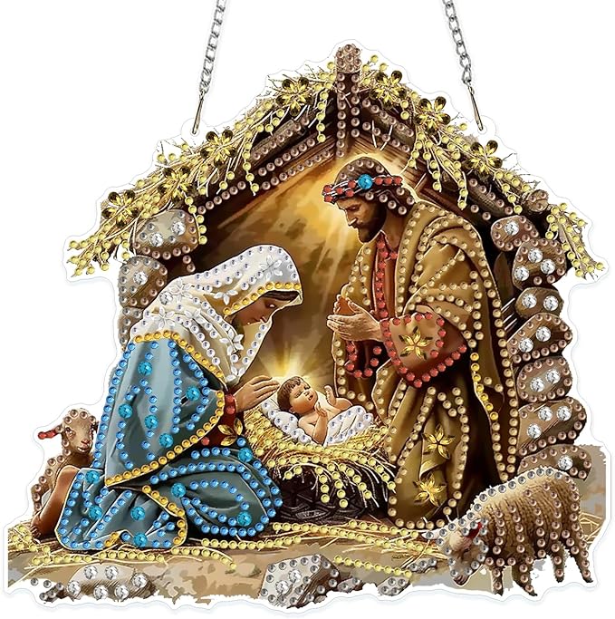 MOGTAA Christmas Diamond Art Hanging Kits for Adults Kids, Jesus Diamond Art Suncatchers, 5D Special Shape Diamond Painting Window Pendant Kit for Home Garden Wall Decor