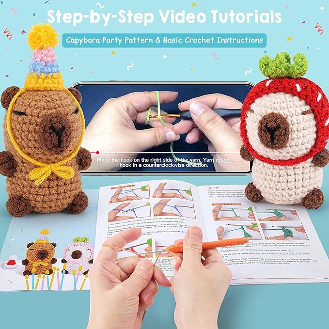 Crochet Kit for Beginner-2PCS Animals Brown and Beige Capybara Crochet Kit with Step-by-Step Video Tutorials,Stuffed Animal Knitting Kit for Adult,Capybara Party Crocheting Kit for Birthday