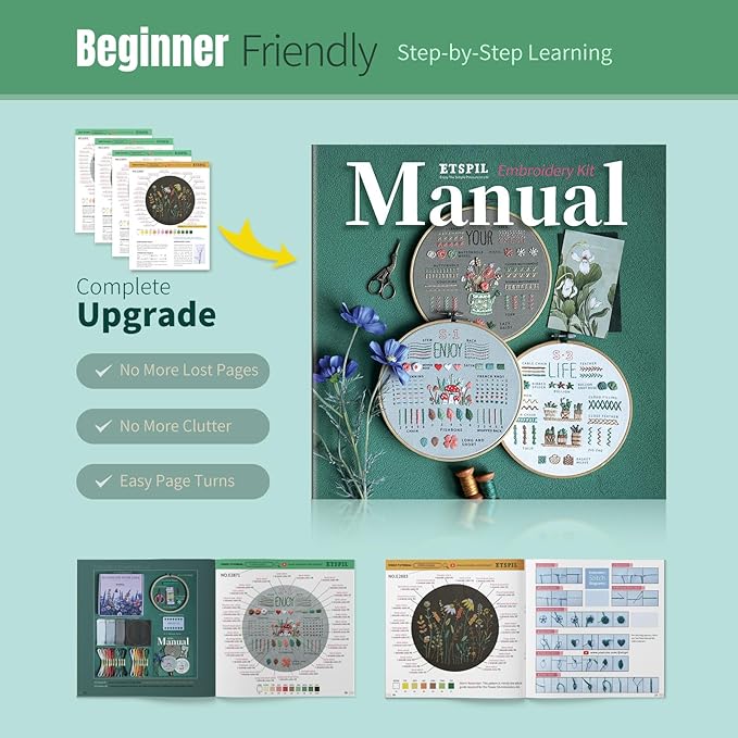 ETSPIL Embroidery Kit for Beginners, 4 Floral Patterns, Learn 33 Stitches, Pre-Printed Fabric, 7.8-Inch Hoop, Colored Threads and Needles, Easy Video Guide, DIY Hand Sewing Gift for Adults and Teens